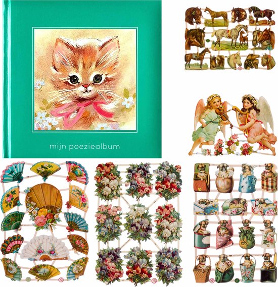 Poëziealbum - 16x16 - Groen - Poes met roze strik - met 5 vellen Poëzieplaatjes - Versjes - Gedicht - Cadeau - Sint - Geschenk - Knutselen - Hobby - Creatief - Scrapbook - Poezie