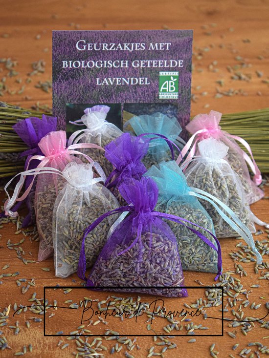 Bonheur de Provence - Geurzakjes lavendel - Biologische lavendel - 10 assorti organza zakjes - 6 gram per zakje