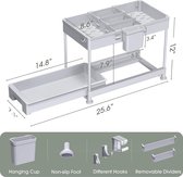 Opbergplank voor onder de gootsteen, uitschuifbare mandenlade voor onder de kast met 2 niveaus, multifunctionele compacte organizer voor keuken en badkamer, onderste mand uitschuifbaar, 40 x 22 x 31 cm, grijs