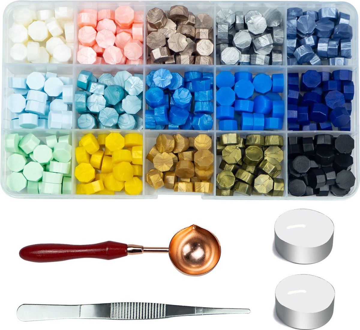 Afdichtende wax kraal pak Zifospy 15 Kleurenwas Zegelparels Uitrusting met 360PCS Waszegelparels Houten Handvat het Smelten Lepel 1 PCS Pincet 2PCS Kaarsen