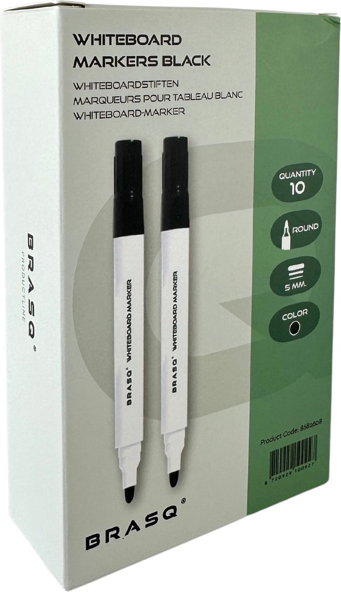 BRASQ Whiteboard marker - Whiteboard Stiften - Whiteboard Marker - 10 Stuks - Verschillende Kleuren - Stiften Kinderen - Stiften voor Volwassenen - rond 5mm Zwart