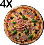 BWK Flexibele Ronde Placemat - Pizza met Ham en Olijven op Donkere Achtergrond - Set van 4 Placemats - 50x50 cm - PVC Doek - Afneembaar