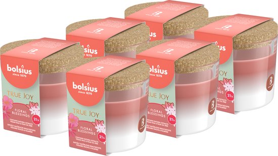 Bolsius - True Joy - 6 Geurkaarsen met Kurken Deksel - Floral Blessings - Roze - Voordeelverpakking - Geur Kaars