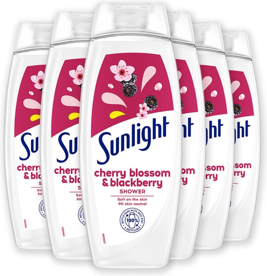 Six bouteilles de gel douche Sunlight Fleur de cerisier & Mûre avec pH neutre pour la peau à l'avant.