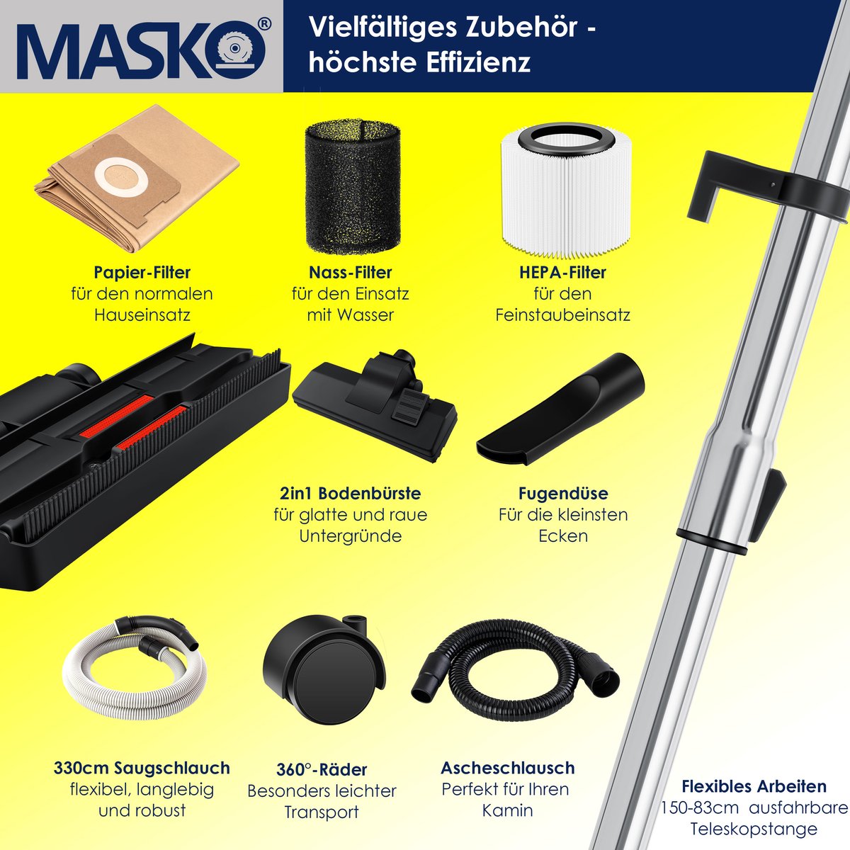 MASKO® Alleszuiger 6IN1 Nat- en Droogzuiger 2300W + stopcontact, Blaasfunctie, Droog- & natzuigen | Industriële stofzuiger vuilreservoir 30L Bouwstofzuiger - Grijs – foto 6