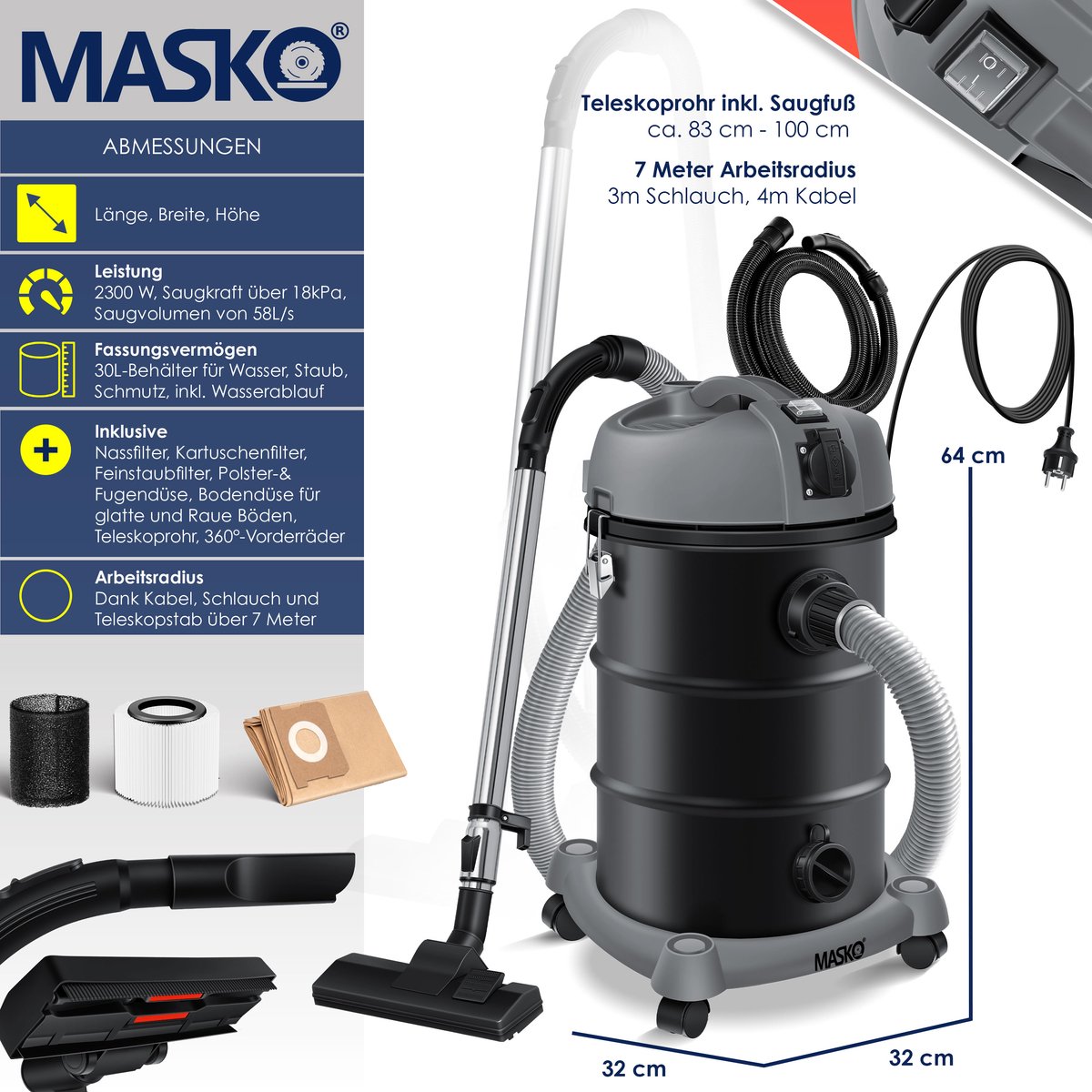 MASKO® Alleszuiger 6IN1 Nat- en Droogzuiger 2300W + stopcontact, Blaasfunctie, Droog- & natzuigen | Industriële stofzuiger vuilreservoir 30L Bouwstofzuiger - Grijs – foto 4