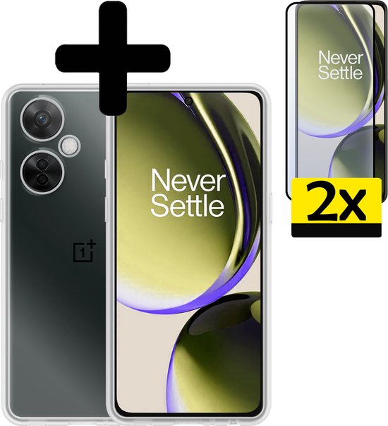 Coque transparente pour OnePlus Nord CE 3 Lite avec écran, texte 'Never Settle' et un protecteur d'écran supplémentaire 2x.