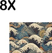 BWK Textiele Placemat - Japanse Styl Golven Getekend - Set van 8 Placemats - 35x25 cm - Polyester Stof - Afneembaar