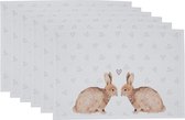 Clayre & Eef Placemats Set van 6 48x33 cm Wit Bruin Katoen Konijn