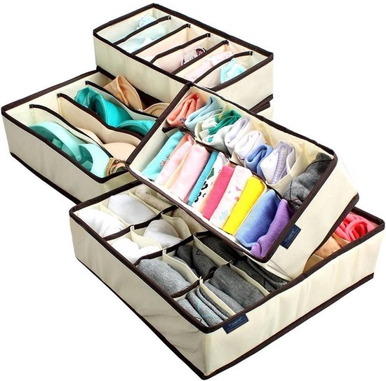 Bra- en ondergoed lade-organizer, inklapbare kastverdeler en opvouwbare opbergdoos voor sokken, stropdassen, sjaals en zakdoeken, set van 4