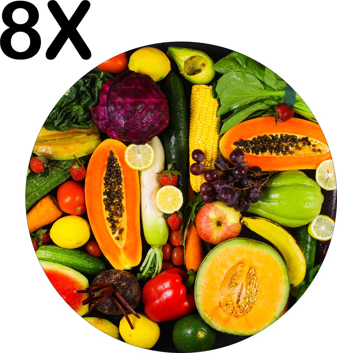 BWK Flexibele Ronde Placemat - Gezonde Groentes en Fruit - Set van 8 Placemats - 40x40 cm - PVC Doek - Afneembaar