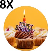 BWK Flexibele Ronde Placemat - Happy Birthday - Verjaardag Cupcake met Geel Oranje Achtergrond - Set van 8 Placemats - 40x40 cm - PVC Doek - Afneembaar