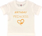 T-shirt Kinderen "Birthday Princess" | korte mouw | Wit/mosterd | maat 98/104 Verjaardag Meisjes Prinses