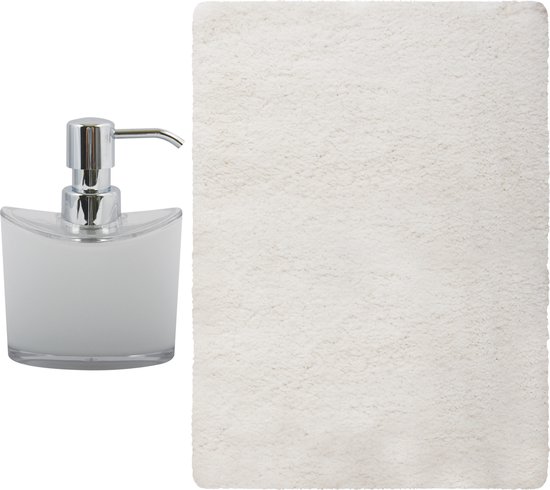 MSV badkamer droogloop mat/tapijt - Bologna - 45 x 70 cm - bijpassende kleur zeeppompje - wit