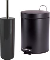 MSV Badkamer accessoires set - zwart - pedaalemmer 5L en wc/toilet-borstel - metaal/kunststof