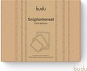Bruine kartonnen verpakking van een Budu snijplankenset, met de tekst 'Snijplankenset 100% Bamboo' en een lijntekening van drie planken.
