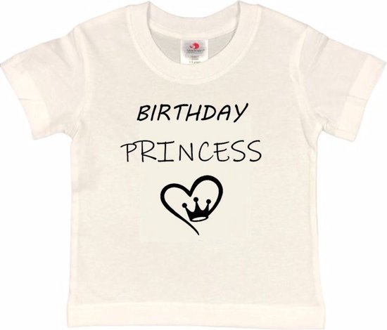 T-shirt Kinderen "Birthday Princess" | korte mouw | Wit/zwart | maat 134/140 Verjaardag Meisjes Prinses