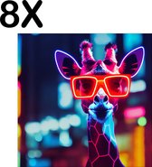 BWK Textiele Placemat - Giraf met Zonnebril in Neon Kleuren - Set van 8 Placemats - 40x40 cm - Polyester Stof - Afneembaar