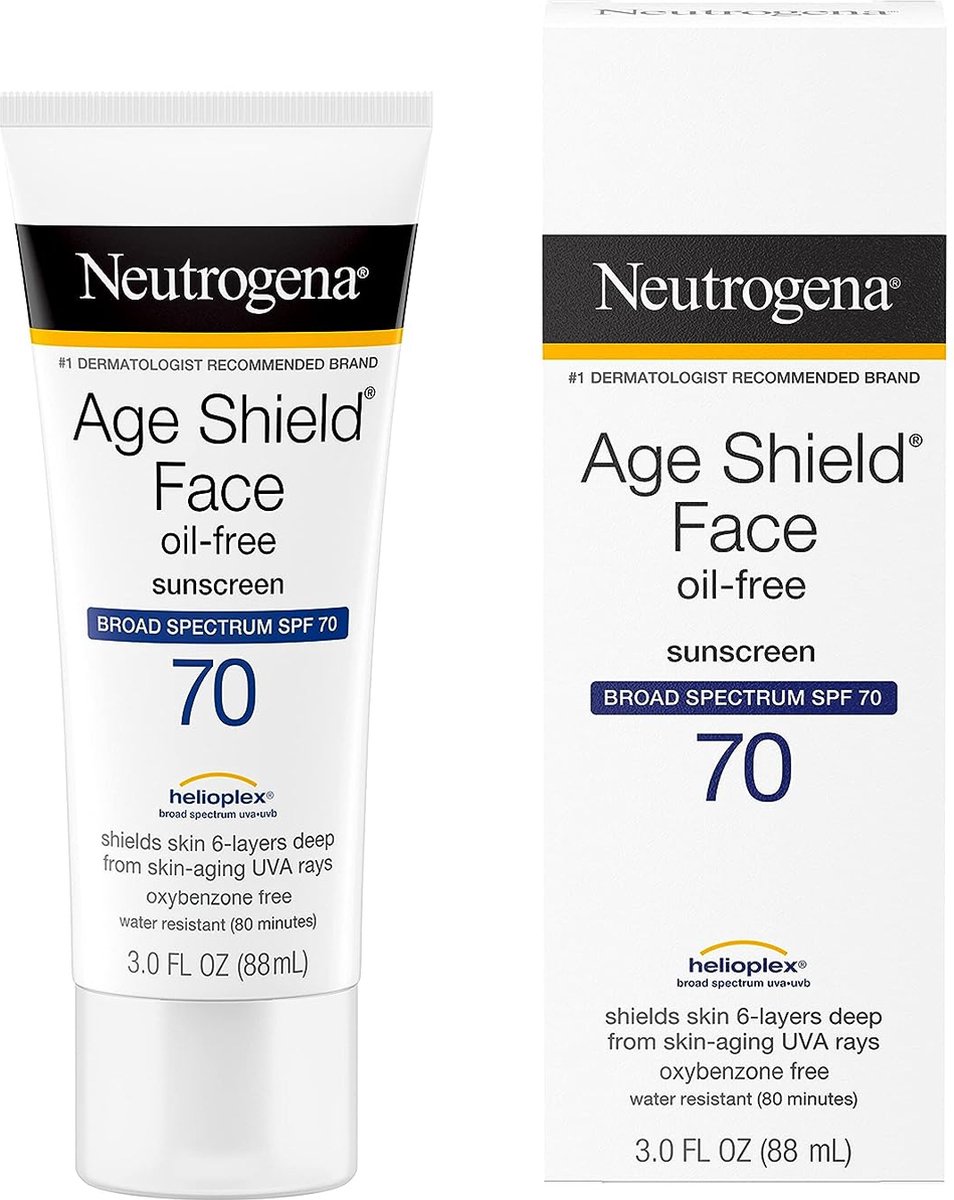 Neutrogena Age Shield Face Oil-Free Sunscreen Lotion met breed spectrum SPF 70, niet-comedogene hydraterende zonnebrandcrème om tekenen van veroudering te helpen voorkomen,