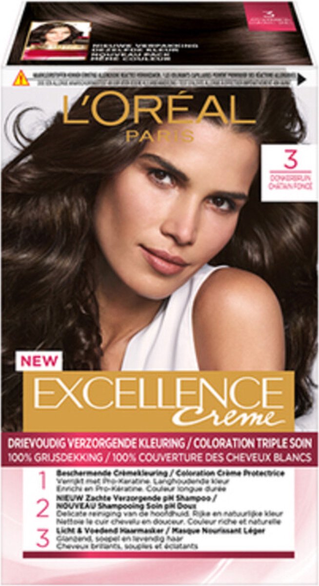 L'Oréal Excellence Crème Permanente Crèmekleuring 3 Donkerbruin - 2 x - Voordeelverpakking