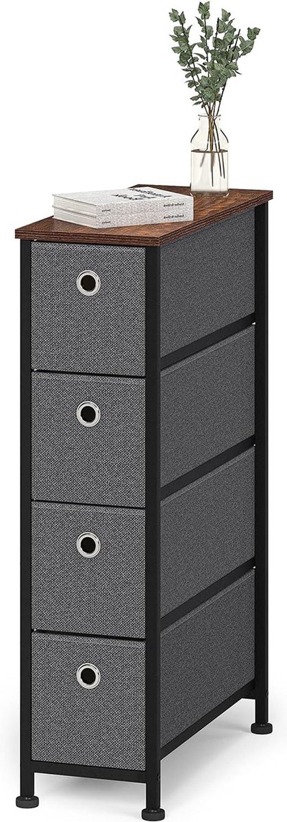 Box, kleine ladekast met 4 lades van stof, box, organizer, metaal, klein opbergsysteem, ruimtebesparing voor woonkamer, slaapkamer, kantoor, keuken, slaapzaal, hout, staal, Zwart en grijs