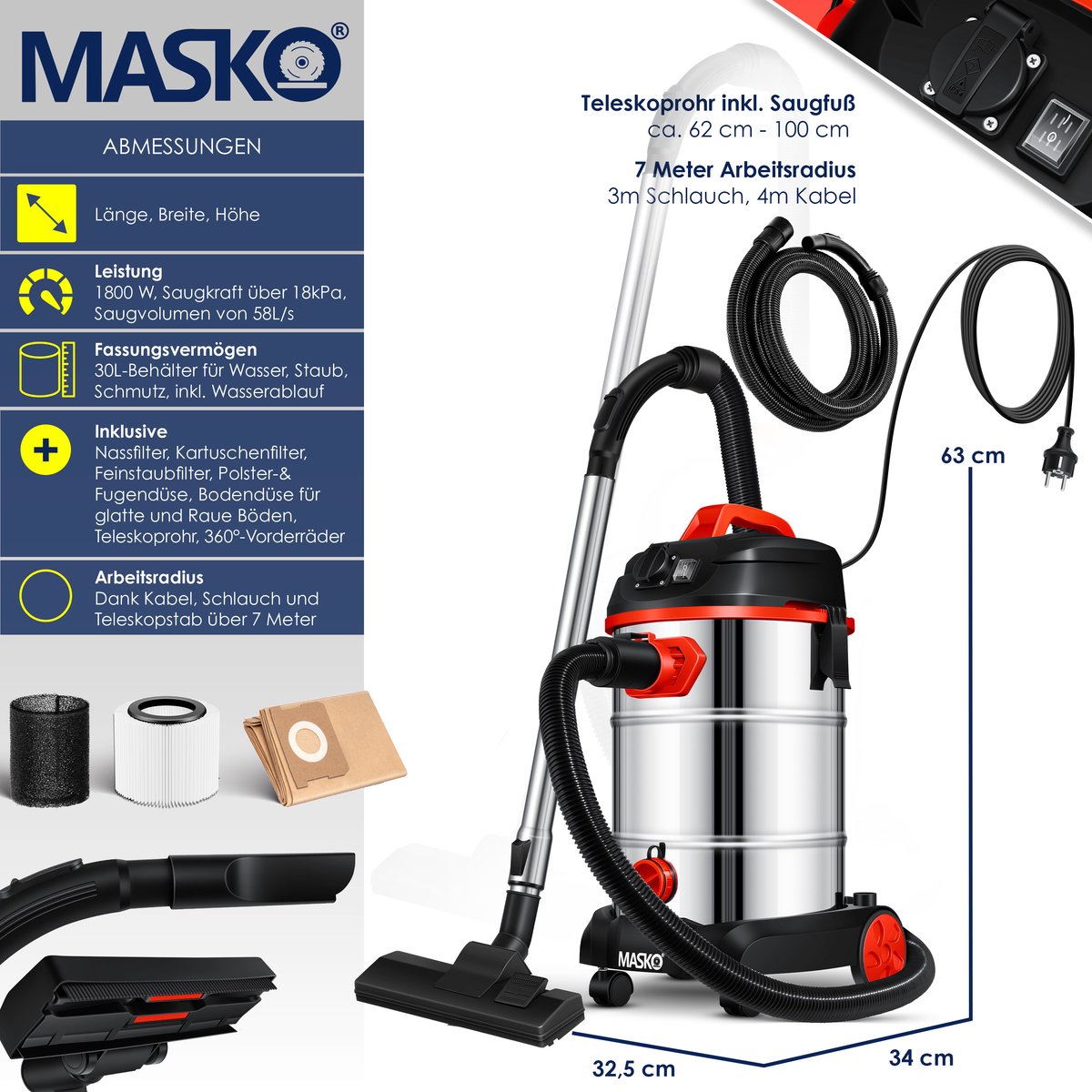 MASKO® Alleszuiger Nat- en Droogzuiger 1800W + stopcontact, Blaasfunctie, Droog- & natzuigen | Industriële stofzuiger vuilreservoir 30L Bouwstofzuiger - Rood – foto 8