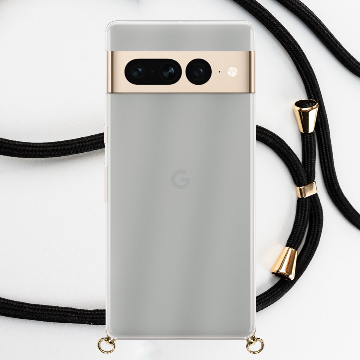 Google Pixel 7 Pro hoesje met koord - zwart met goud - transparant hoesje