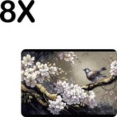 BWK Luxe Placemat - Chinese Kunst met Vogel en Kersenboom - Set van 8 Placemats - 35x25 cm - 2 mm dik Vinyl - Anti Slip - Afneembaar