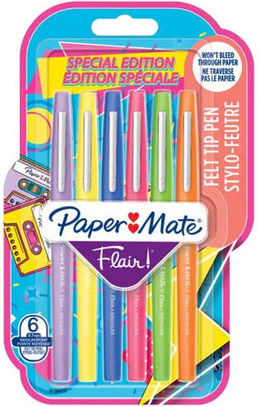Paper Mate Flair-viltstiften | Medium punt (0,7 mm) | diverse Retrokleuren | 6 stuks