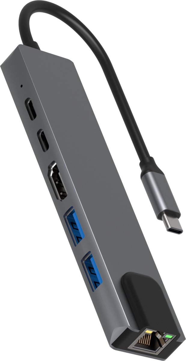 Rolio USB C Hub - 1x HDMI 4K - 1x Ethernet - 2x USB-C - 2x USB-A - Universeel