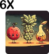 BWK Luxe Placemat - Getekend Vrolijk Fruit - Set van 6 Placemats - 50x50 cm - 2 mm dik Vinyl - Anti Slip - Afneembaar