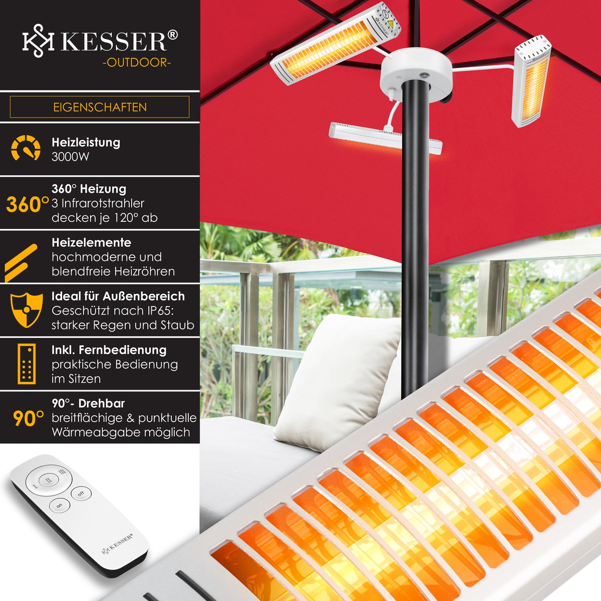 KESSER® Terrasverwarmer 3000W Elektrische Kachel voor Parasol - Infrarood Verwarming Heater Sfeervolle Verwarmer met Afstandsbediening IP65 Weerbestendig - Zilver – foto 5