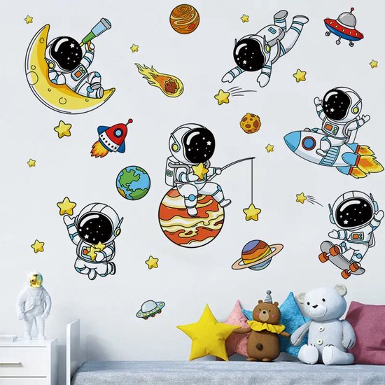 Muursticker-Muurdecoratie-Wanddecoratie-Babykamer-Kinderkamer-Slaapkamer-Astronaut-Ruimte-60x90cm