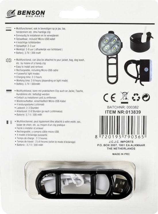 Benson Fietslamp - wit voorlicht - LED - USB oplaadbaar - inclusief clip en kabel — afbeelding 4