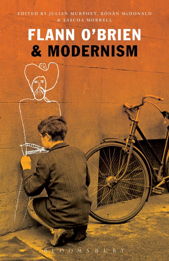 Boekomslag: Jongen tekent schets van man met hoed op muur, fiets ernaast. Titel: Flann O'Brien & Modernism.