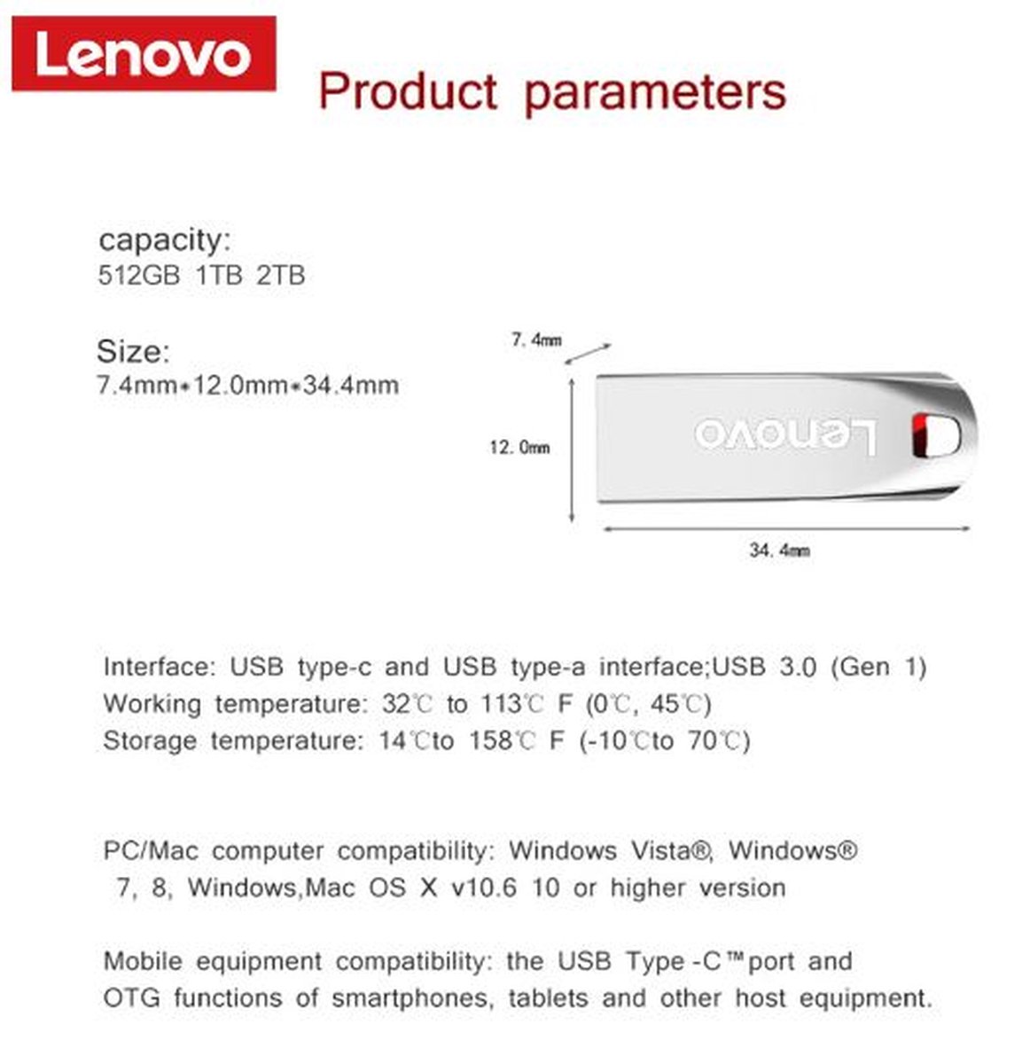 Lenovo 2To Clé USB 3.0 portable en métal haute vitesse, mémoire