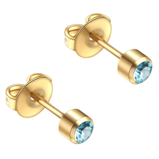 Stalen goudkleurige zweerknopjes met 3mm aqua blauw kristal steentje steriel verpakt geschikt voor oorschieter