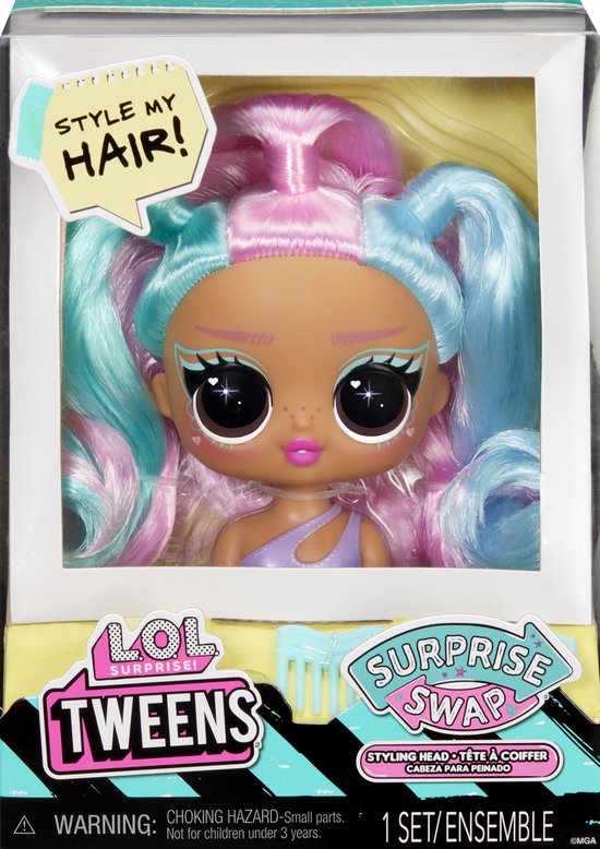 LOL Surprise Tweens stylinghoofd met halflang, krullend roze en blauw haar, donkere huid, grote ogen en paarse top.