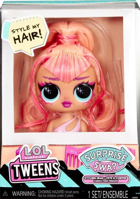 Stylinghoofd met felroze en oranje haar, gestyled in twee staarten met highlights. 'STYLE MY HAIR!' staat op een spraakballon.