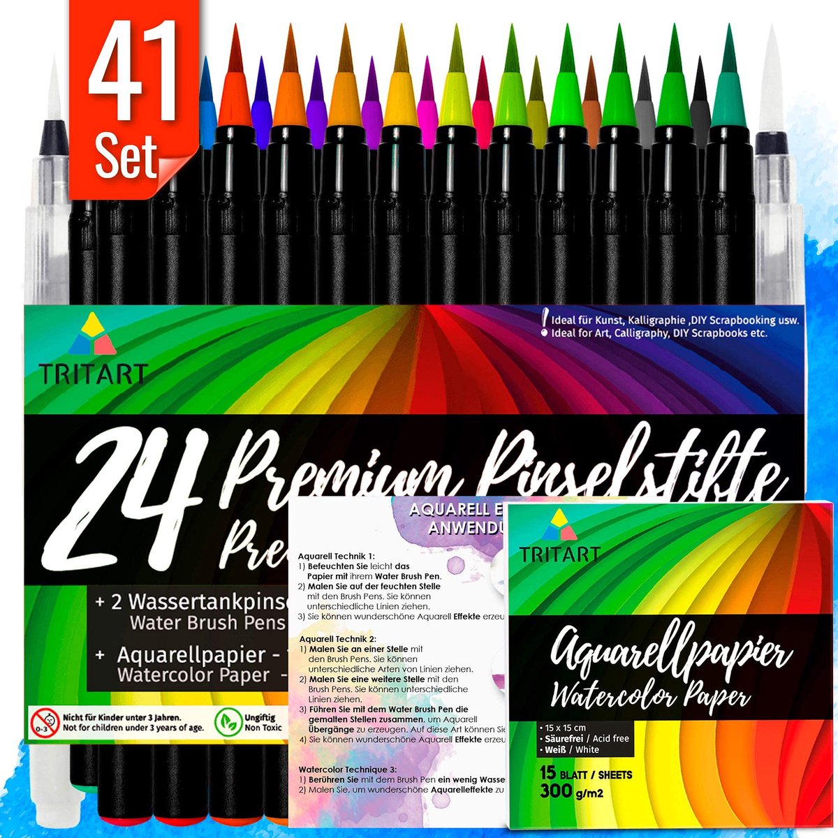 Tritart Handlettering Pennen Set van 41-24 Set Viltstiften met 2 Penseel Pennen & 15 Aquarel Vellen - Bullet Journal & kalligrafie Kunst Pennen voor Kunstenaars en Professionals