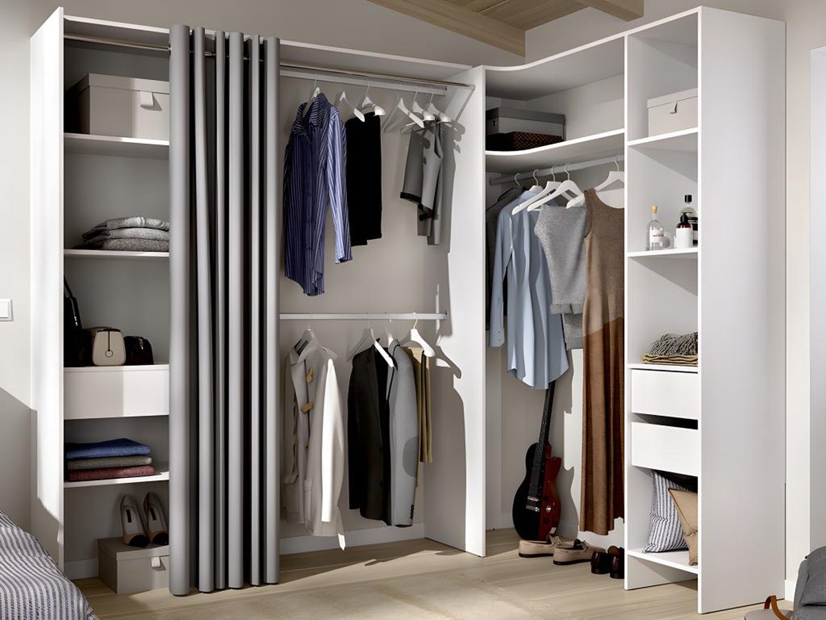 Vente-unique Verstelbare kledingkast GONTRAN - L164 / 214 CM - Wit en grijs