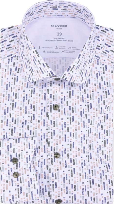 OLYMP Luxor 24/7 modern fit overhemd - Dynamic Flex - olijfgroen dessin - Strijkvriendelijk - Boordmaat: 45