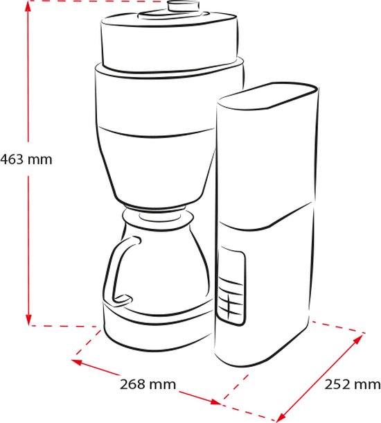 Schematische tekening van een zwart koffiezetapparaat met afmetingen.