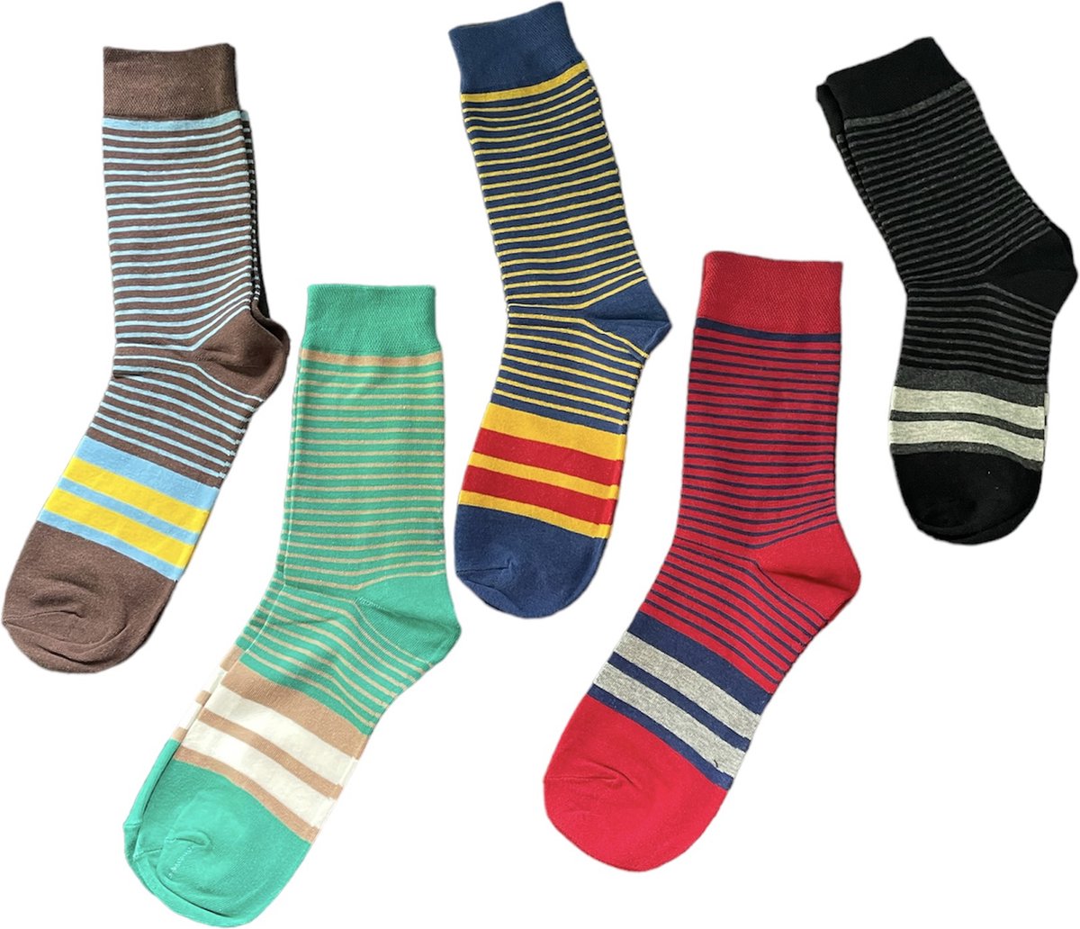 ASTRADAVI Socks Collection - Normale Sokken - 5 Stuks - Unisex Katoenen Sokken - Gestreept - 36/41 - Zwart, Blauw, Groen, Rood, Bruin