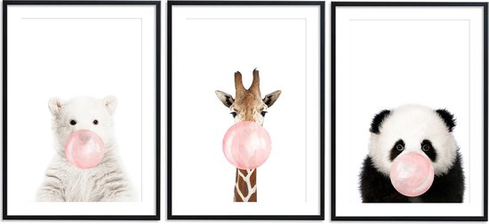Kinderkamer/babykamer posters – 3 stuks - 30x40 cm – IJsbeer, giraffe & panda