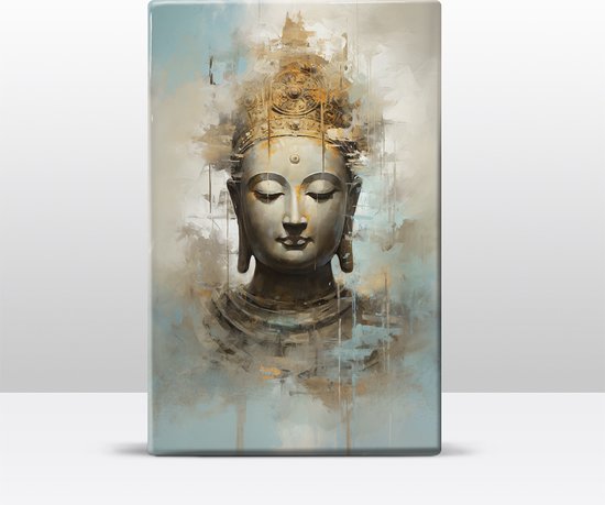Buddha met gouden Kroon - Mini Laqueprint - 9,6 x 14,7 cm - Niet van echt te onderscheiden handgelakt schilderijtje op hout - Mooier dan een print op canvas. - LWS519