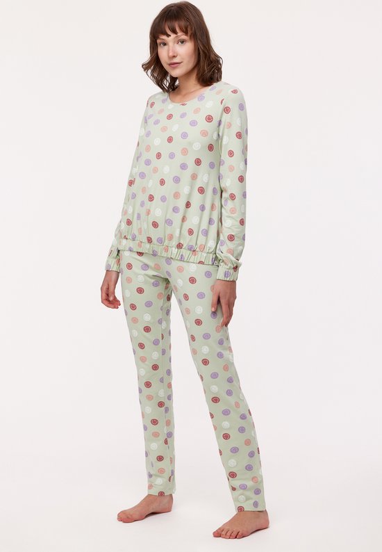 Woody Studio pyjama meisjes/dames - muntgroen - smiley all-over print - 232-12-YPB-Z/955 - maat L