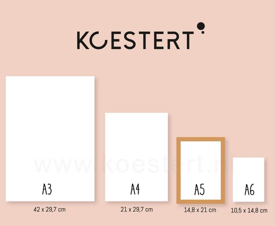 Overzicht van de maten A3, A4, A5 en A6 met de tekst 'KOESTERT'.