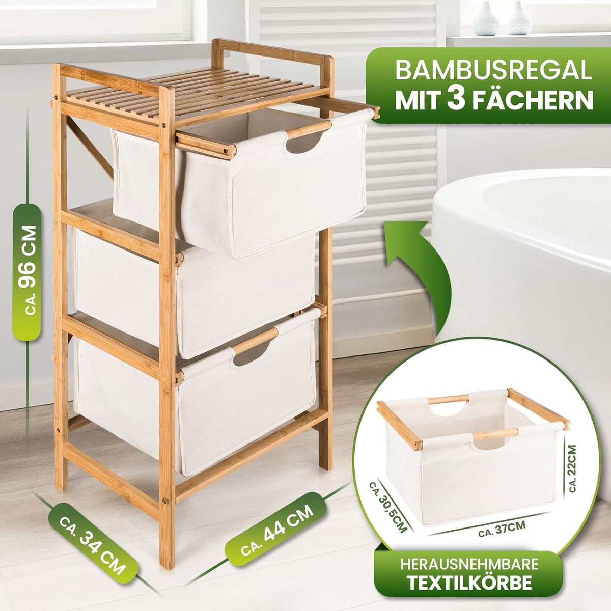 Relaxdays trieur pour linge en bambou, 3 corbeilles, Salle de bain et  chambre, étagère, 96 x 44 x 34,5 cm, naturel/gris