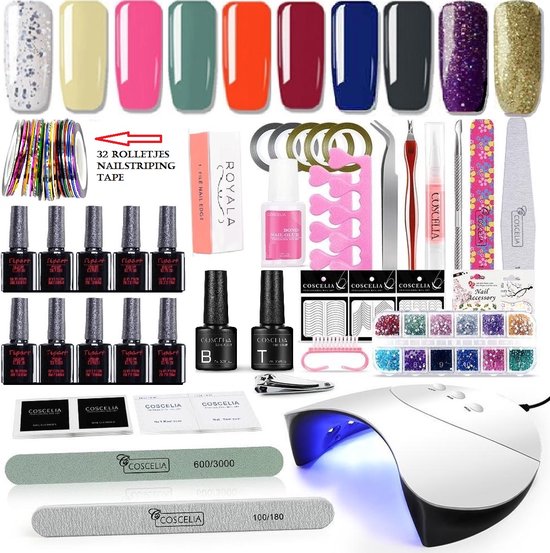 Royala E5 Gellak Starters pakket Inclusief UV LED Lamp + Met 10 Verschillende Gellak Kleuren - Gellak Lamp – Gellac Set - Alle Benodigdheden in Eén - 32x Nail Striping Tape - Topcoat - Uitgebreid pakket- Gel Polish Set - Gellak set - UV LED Lamp